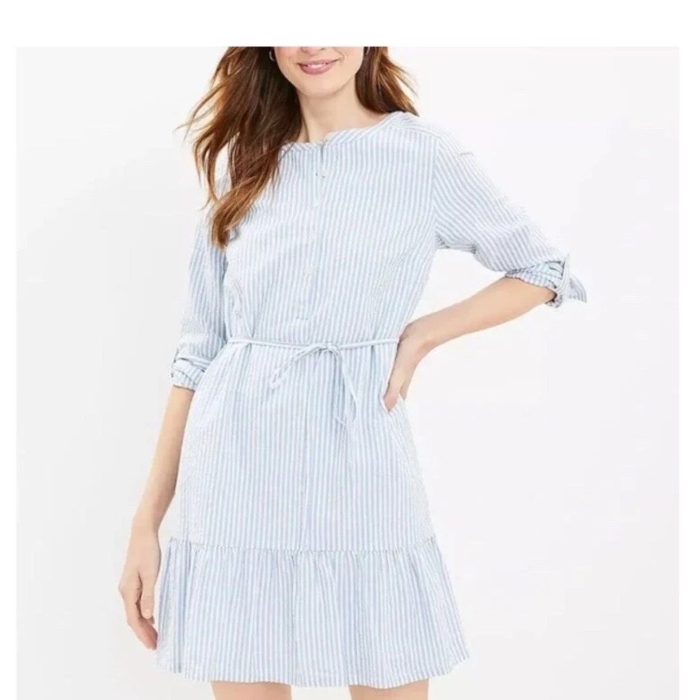 LOFT Blue White Striped Seersucker Tiered Button Front Dress XXL 613671 SU23